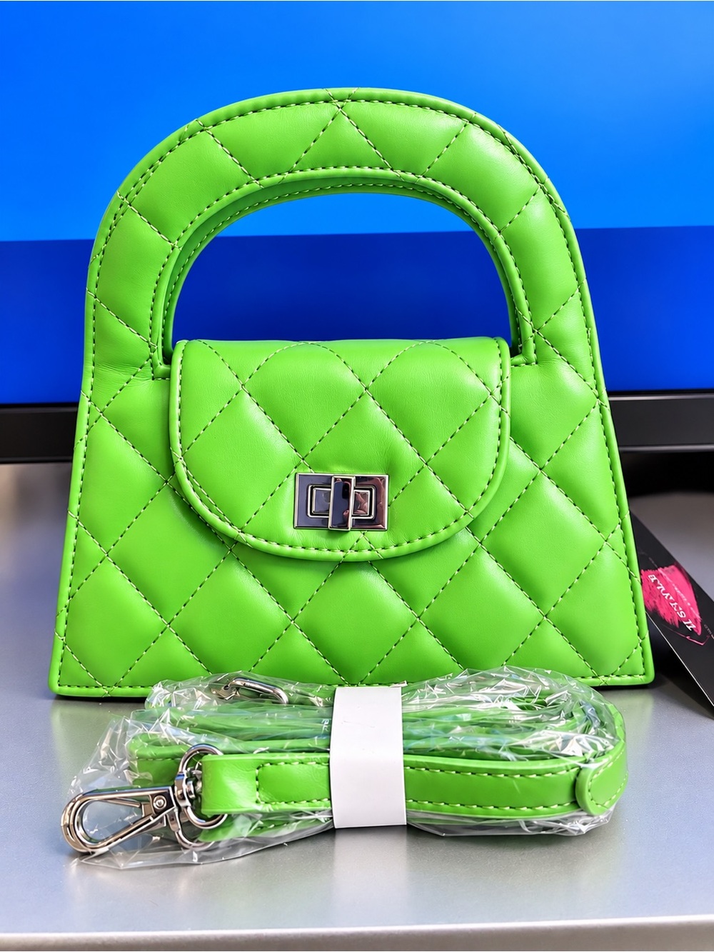 NWT Lime Green Trendy Quilted Mini Top Handle Bag